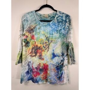 Jess & Jane Floral Dream Textured 3/4 Sleeve Top Multicolor Abstract 74-490 S